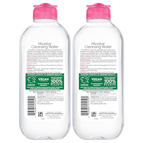 Garnier Micellar Water, Hydrating Facial Cleanser & Makeup Remover, Suitable for Sensitive Skin, Vegan, Cruelty Free, 13.5 Fl Oz (400mL), 2 Count