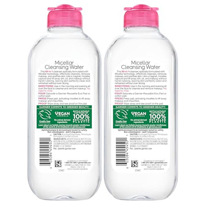 Garnier Micellar Water, Hydrating Facial Cleanser & Makeup Remover, Suitable for Sensitive Skin, Vegan, Cruelty Free, 13.5 Fl Oz (400mL), 2 Count