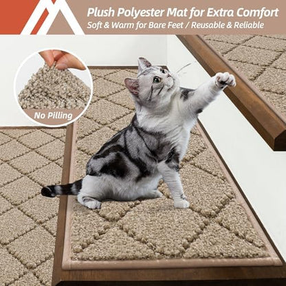 COSY HOMEER Edging Stair Treads Non-Slip Carpet Mat 28inX9in Indoor Stair Runners for Wooden Steps, Edging Stair Rugs for Kids and Dogs, 100% Polyester TPE Backing (15pc, Beige)