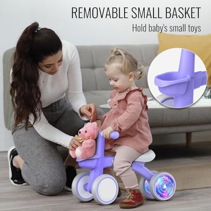 Umatoll Colorful Lighting Baby Balance Bike for 1 Year Old Boys Girls, 12-24 Months Toddler Bike with Basket, Adjustable Seat, First Birthday Gift (Purple)