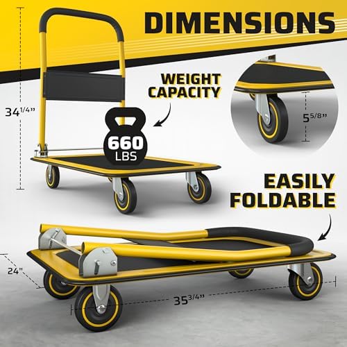 Heavy Duty Foldable Push Cart Dolly | 660 lbs. Capacity | Upgraded Collapsible Hand Truck Platform with Swivel Wheels | Flat Bed Moving Wagon | Space Saving Push Handle (Yellow)