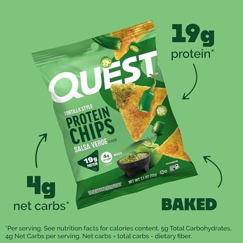 Quest Nutrition Tortilla Style Protein Chips, Salsa Verde, 19g of Protein, 4g Net Carbs, Gluten Free, 1.1 Ounce (Pack of 12)