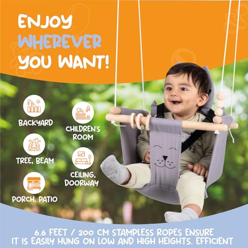 Indoor Outdoor Baby Swing with 3-Point Harness and Hardware for Ceiling, Porch, Doorway, Canvas Baby Swing Outdoor Toddler Swing Seat Grey