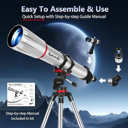 Telescope, 90mm Aperture 900mm Refractor Telescope for Adults High Powered, Astronomical Telescopes for Adults Astronomy Beginners with Professional Eyepieces, Tripod, Phone Adapter&Carry Bag