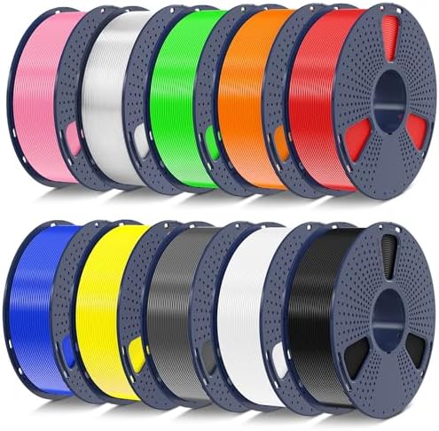 SUNLU PETG Filament 1.75mm 10KG Bundle, Individually Vacuum-Sealed, 3D Printer Filament 10kg, 1kg per Spool, 10 Pack, 10 Colors, Black+White+Grey+Blue+Red+Green+Orange+Yellow+Pink+Transparent