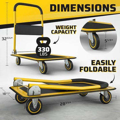 Heavy Duty Foldable Push Cart Dolly | 330 lbs. Capacity | Upgraded Collapsible Hand Truck Platform with Swivel Wheels | Flat Bed Moving Wagon | Space Saving Push Handle (Yellow)