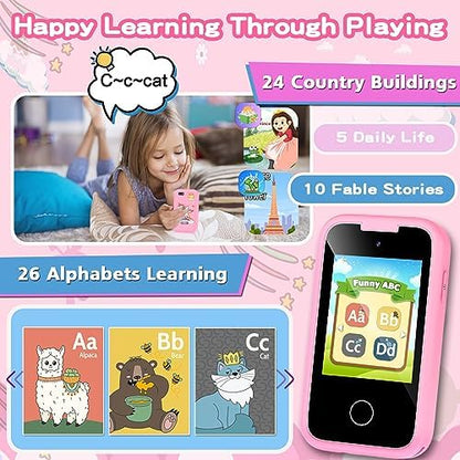 Kids Phone for Girls Toys, Gifts for 3 4 5 6 7 8 9 Year Old Girls Boys Christmas Birthday Kids Toys, Touchscreen Toddler Learning Cell Toy Phone with Dual Camera, Game, Music Player, 8GB Card Pink