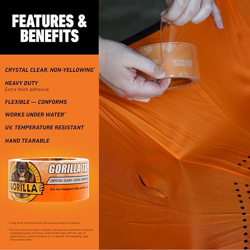 Gorilla Crystal Clear Tape, 1.88” x 18 yd (Pack of 2) - Weather Resistant for Indoor or Outdoor Projects and Repairs