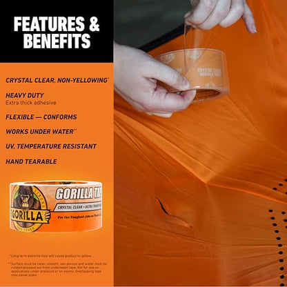 Gorilla Crystal Clear Tape, 1.88” x 18 yd (Pack of 2) - Weather Resistant for Indoor or Outdoor Projects and Repairs