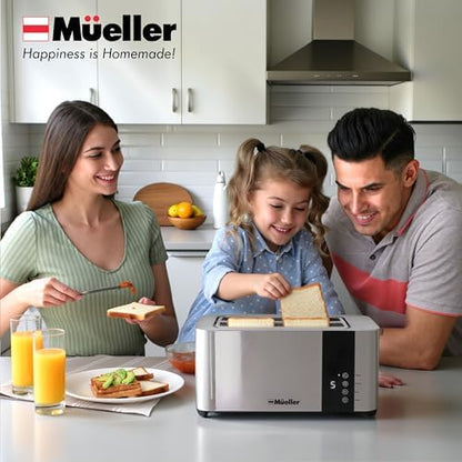 Mueller UltraToast Full Stainless Steel Toaster 4 Slice, Long Extra-Wide Slots for Bagels and Waffles, 6 Browning Levels, LED Display, Cancel/Defrost/Reheat Functions & Removable Tray, Kitchen Gadgets