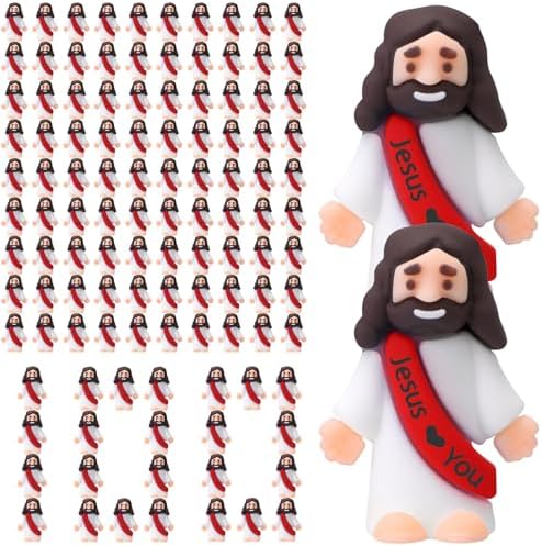 Bememo 100 Pcs Little Jesus Figures Jesus Loves You Original Design Rubber Pocket Toys Little Figures to Hide and Seek Sunday School Religious Party Share Gifts (Red)