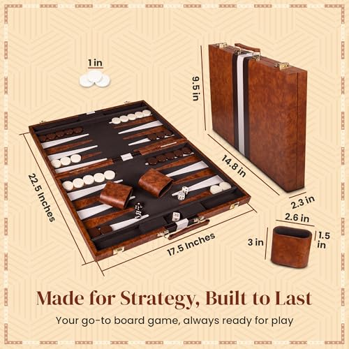 Crazy Games Backgammon Sets for Adults with Premium Leather Case | Classic Travel Backgammon Set for Adults and Kids with Strategy & Guide | 15 Inches | Medium | Brown