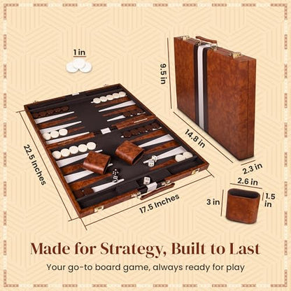 Crazy Games Backgammon Sets for Adults with Premium Leather Case | Classic Travel Backgammon Set for Adults and Kids with Strategy & Guide | 15 Inches | Medium | Brown