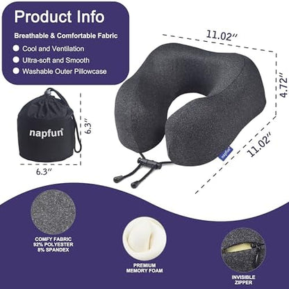 napfun Travel Pillow, Travel Accessories & Travel Essentials for Airplane Upgraded 100% Pure Memory Foam Travel Neck Pillow for Flight Headrest Sleep, Portable Plane Necessities, Full Black
