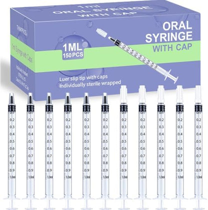 150 Pcs 1ml Syringes with Caps Oral Dispenser Individually Sterile Warpped for Medicine Dropper, Colostrum Collect Feeding Pets, Liquid