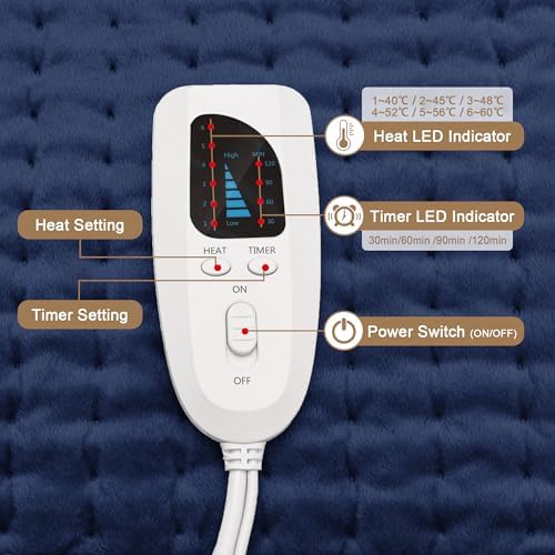 Heating Pad-Electric Heating Pad for Back,Neck,Abdomen,Moist Heated Pad for Shoulder,Knee,Hot Pad for Arms and Legs,Dry&Moist Heat & Auto Shut Off(Dark Blue, 12''×24')