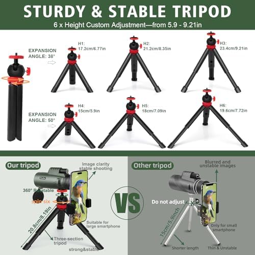 Pankoo 40X60 Monocular Telescope with Smartphone Holder & Upgraded Tripod, 2024 BAK4 Prism FMC Monoculars for Adults, HD Monocular Scope for Bird Watching Hiking Concert Camping Travelling