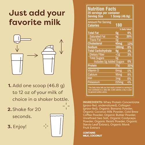 FlavCity Grass Fed Whey Protein Powder - Butter Coffee - 25g Protein, 10g Collagen & 87mg Caffeine - Made with Organic Reishi & Cordyceps - Gluten Free & No Added Sugars (20 Servings)