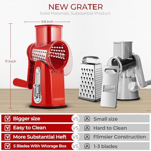 SUSTEAS Rotary Cheese Grater with Handle - Vegetable Shredder with 5 Well-designed Blades & Strong Suction Base,Round Mandoline Slicer & Food Chopper for Kitchen,with Blade Storage Box(Red)