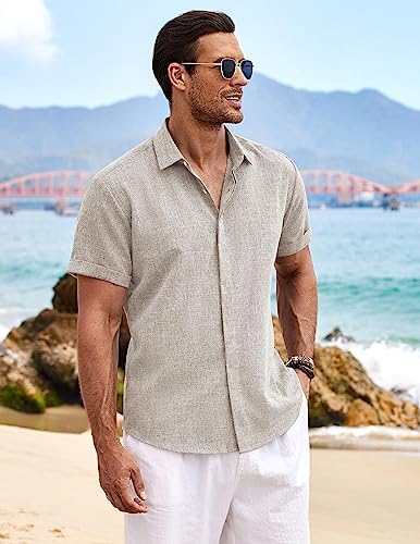 COOFANDY Men's Linen Shirts Short Sleeve Casual Shirts Button Down Shirt for Men Beach Summer Wedding Shirt