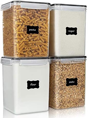 Vtopmart 4 PCS Large Food Storage Containers 5.2L / 175oz, 4 Pieces BPA Free Plastic Airtight Canisters for Flour, Sugar, Baking Supplies, Rice with Lids, 4 Measuring Cups and 24 Labels, Black