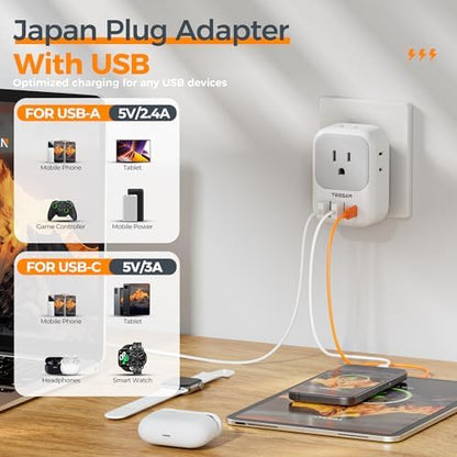 TESSAN 2 Prong to 3 Prong Adapter, Multi Plug Outlet Extender with 4 Outlets 3 USB Ports(1 USB C), Type A Travel for US to Japan, Philippines, Canada, Mexico, China, Thailand, Anguilla