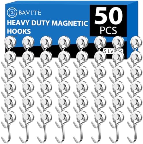 E BAVITE Swivel Swing Silver Magnetic Hooks,30LBS Powerful Strong Neodymium Rare Earth Magnet Hook. Perfect for Refrigerator, Kitchen and Other Surfaces, Pack of 50