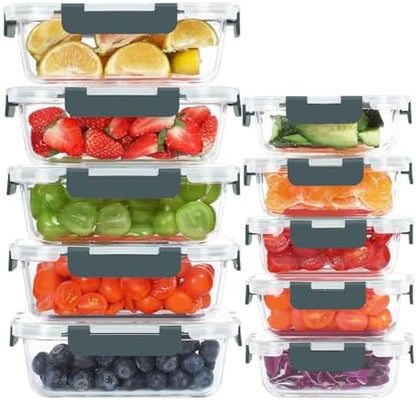 10 Pack Glass Food Storage Containers, Meal Prep Containers with Lids, Airtight Glass Lunch Boxes, Freezer, Oven, and Microwave Safe