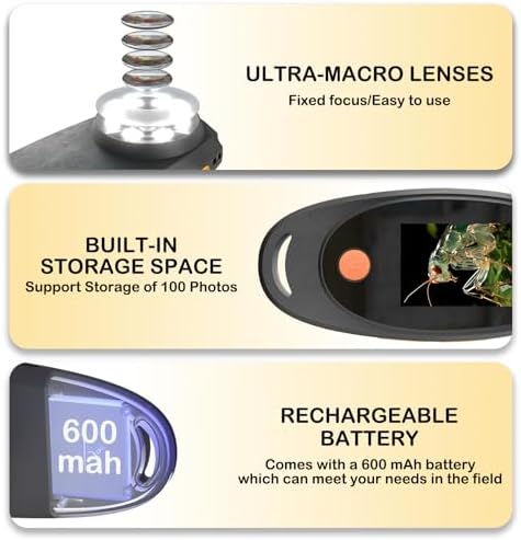 Handheld Digital Microscope with 2.0 Inch IPS Color Screen, Portable Magnifying Glass for Kids, 500x Magnification, 8 Adjustable 3-Level LED Lights, USB Compatible with PC Windows and Mac OS