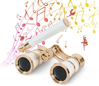 Aomekie Opera Glasses Binoculars 3X25 Theater Glasses Lorgnette Mini Binocular Compact with Handle for Adults Women in Musical Concert（White）