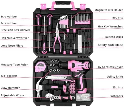 DEKOPRO Drill Set: Tool Set with 8V Pink Cordless Drill, Home Tool Kit with Drill, Hand Tool Kits for Women 126 Piece
