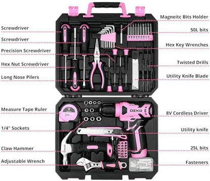 DEKOPRO Drill Set: Tool Set with 8V Pink Cordless Drill, Home Tool Kit with Drill, Hand Tool Kits for Women 126 Piece