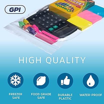 GPI Case of 1000 6" X 9" Clear Plastic Reclosable Zip Bags - Bulk 2 Mil Thick Strong & Durable Poly Baggies with Resealable Zipper Top Lock & Write-on White Block, for Storage, Packaging & Shipping