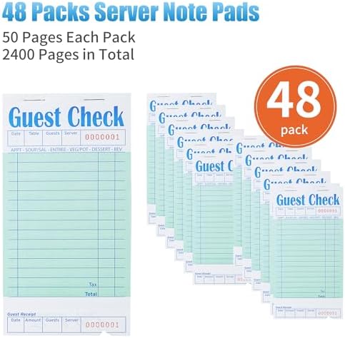 48 Pack Green Guest Checks Books for Servers Server Note Pads, Waiter Checkbook, Waitress Notepad for Restaurants, Paper Checks 50 Sheets/Pack, 2400 Total Tickets