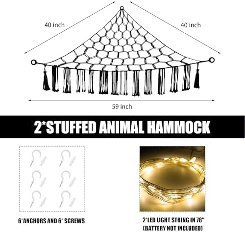 Stuffed Animal Hammock with LED Light, 2 Pack Toy Hammock for Stuffed Animals Storage for Kids, Stuffed Animal Hammock Corner, Black