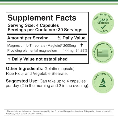 Magnesium L Threonate, Magtein™, Sleep and Cognitive Support – High Absorption – Most Bioavailable Form of Magnesium – 2,000 mg – 120 Capsules