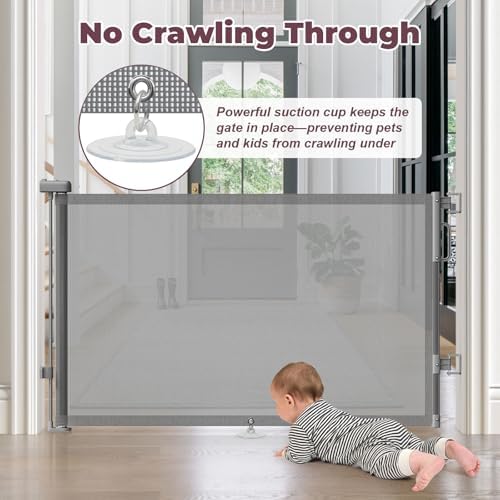 Retractable Baby Gate for Stairs, 55" Wide Mesh Dog Gate Indoor, 34'' Tall Child Gate for Doorways, Hallways, Deck, Indoor Outdoor Pet Baby Safety Essentials for Home, Grey