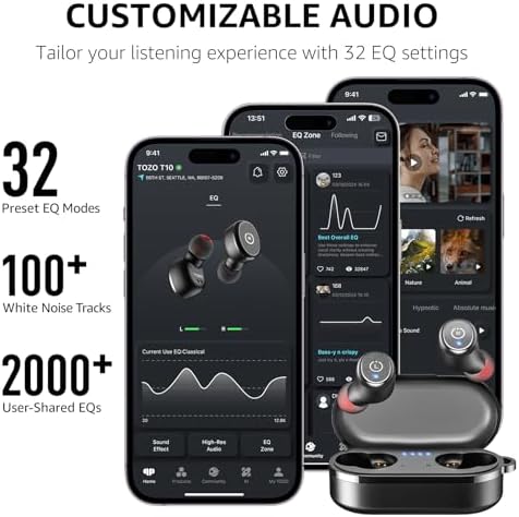 TOZO T10 Wireless Earbuds Bluetooth 5.3 Headphones, App Customize EQ, Ergonomic Design, 55H Playtime, Wireless Charging Case, IPX8 Waterproof Sound in-Ear Headset, 2025 New Version