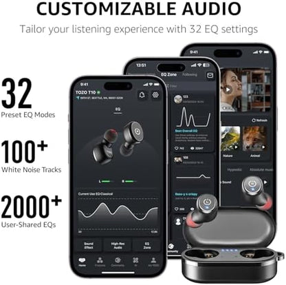 TOZO T10 Wireless Earbuds Bluetooth 5.3 Headphones, App Customize EQ, Ergonomic Design, 55H Playtime, Wireless Charging Case, IPX8 Waterproof Sound in-Ear Headset, 2025 New Version