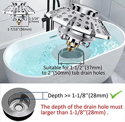 Universal Tub Stopper Bathtub Drain Plug, Pop Up Tub Drain Hair Catcher, Drain Cover with Strainer, for 1-3/8 to 2in Bath Drain Hole