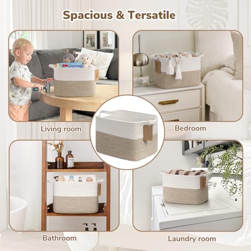 Goodpick Woven Storage Basket, Cotton Rope Basket for Dog Toys, Books, Stylish Gift Basket with Handles, 13 x 10 x 9 Inches Square Baskets for Organizing, Brown and White