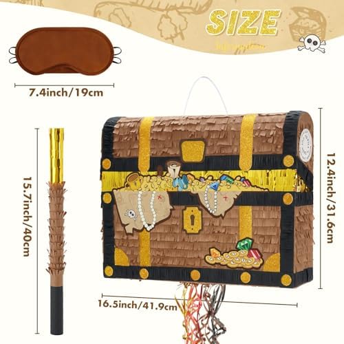 WERNNSAI Treasure Chest Piñata - Pull String Pirate Themed Piñata with Blindfold and Bat Adventure Birthday Party Decoration for Boys Kids Family Games Piñata Adventure Theme Party Supplies