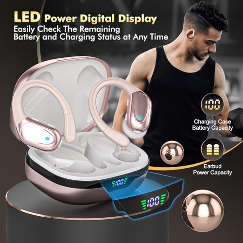 Wireless Earbuds, Sports Bluetooth Headphones, 80Hrs Playtime Ear Buds with LED Power Display, Noise Canceling Headset, IPX7 Waterproof Earphones for Workout/Running Rose Gold