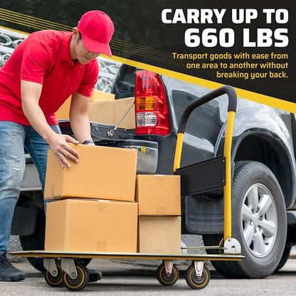 Heavy Duty Foldable Push Cart Dolly | 660 lbs. Capacity | Upgraded Collapsible Hand Truck Platform with Swivel Wheels | Flat Bed Moving Wagon | Space Saving Push Handle (Yellow)