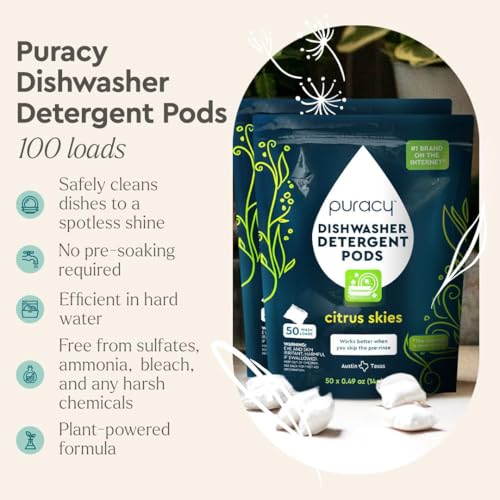 Puracy Dishwasher Pods, Natural Dishwasher Detergent, Citrus Skies Dish tabs - Enzyme-Powered, Spot & Residue Free - TikTok Trend Items, Must Haves from TikTok (Citrus Skies, 50 Count - 2 Pack)
