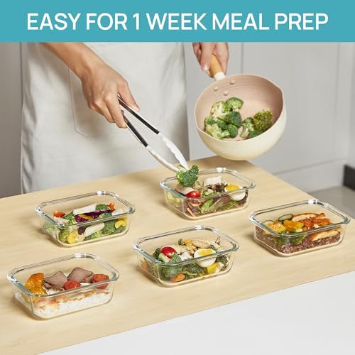 Vtopmart 5Pack 22oz Glass Storage Containers with Lids, Glass Meal Prep Food Container Sets with Snap Airtight Lids for Microwave, Oven, Freezer and Dishwasher