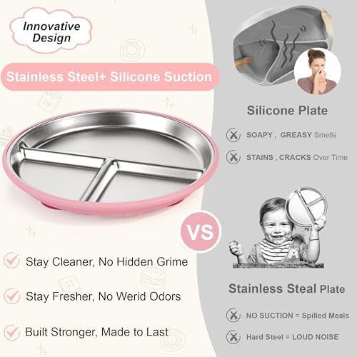 Stainless Steel Toddler Plates Silicone Suction,3 Packs Non-Slip Baby Plates,Divided Portion,Food-Grade Silicone Plate for Kids,LEAD-FREE Dishwasher Safe,Blue Mint Green Grey