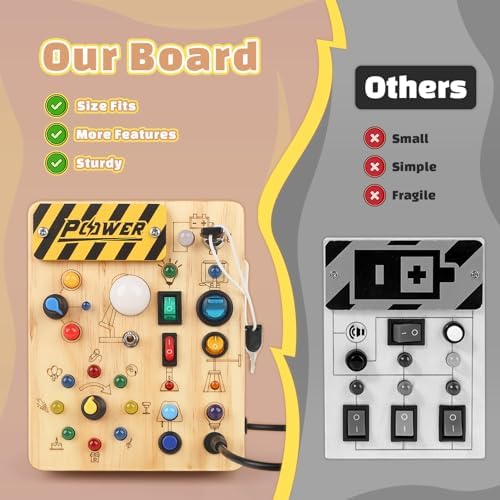 Joyreal Montessori Busy Board Wooden Sensory Toys for Toddler with LED Light Up Switch, Baby Fidget Board Travel Toys for 18+ Months, 1 2 3 Year Old Boys Girls Toddler Toy Gifts (Classic)