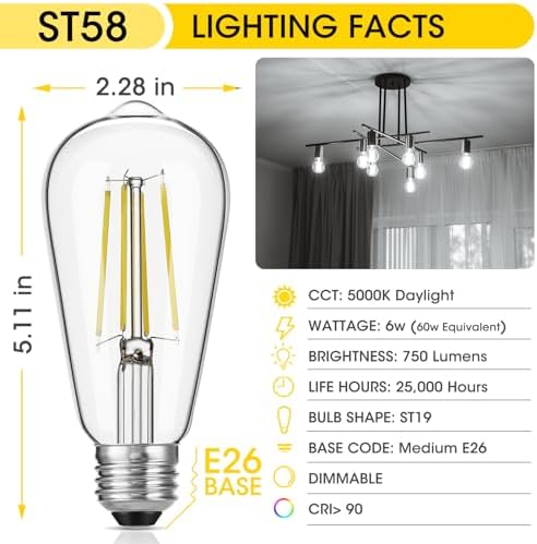 Vintage LED Edison Bulbs, 6W, Equivalent 60W, High Brightness Daylight 5000K, ST58 Antique LED Filament Bulbs with 90+ CRI, E26 Medium Base, Dimmable, Clear Glass, Pack of 6