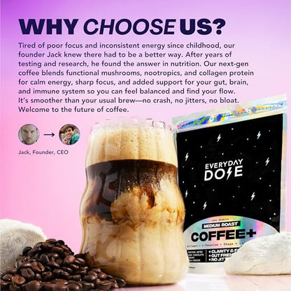 Everyday Dose Bold Medium Roast Mushroom Coffee 90mg Caffeine per serving with Grass-Fed Collagen, Chaga, Lions Mane & L-Theanine for Better Focus, Energy, Digestion, Skin, and Immunity 30 Servings
